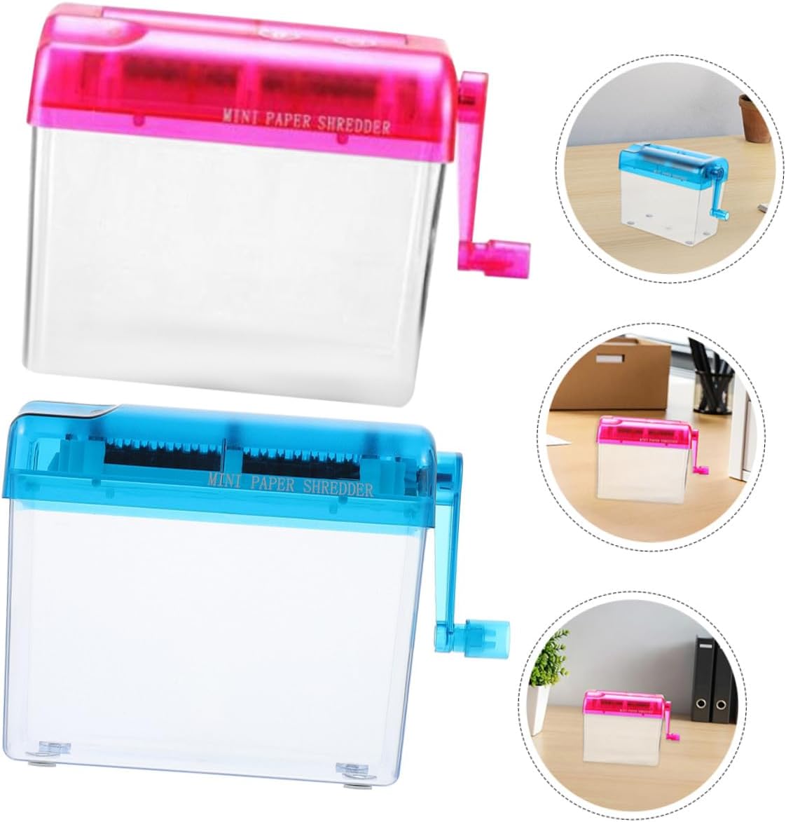 2pcs Manual Paper Shredder for Home Office, Portable Mini Desktop Hand-Crank Shredder with Basket, Suitable for A6 Paper, Notes, Bills, and Photos, Pink and Blue