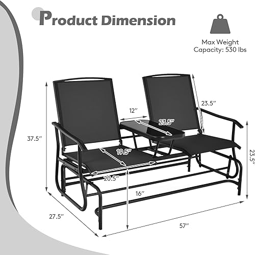 Miniatura 3 de Tangkula Silla de columpio para 2 personas, sofá biplaza mecedora de patio con mesa central de vidrio templado, banco oscilante para exteriores con