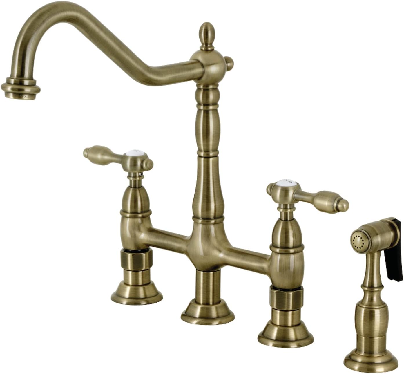 Kingston Brass KS1273TALBS Two-Handle 4-Hole Deck Mount Bridge Kitchen Faucet with Brass Sprayer in Antique Brass