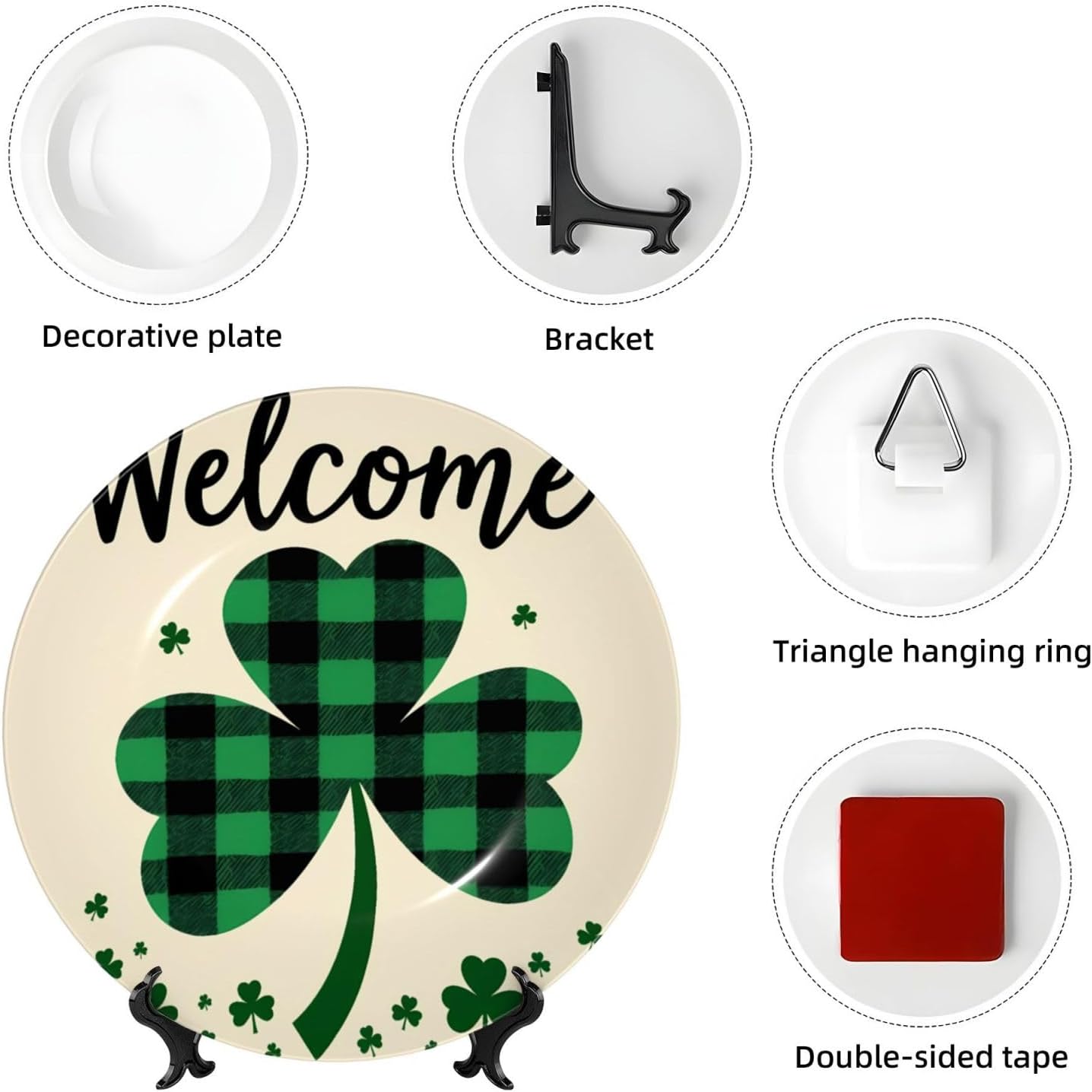 St Patricks Clover Style Ceramic Plate Display Decorative Plate With Stand Wall Hanging Plate For Home Decor 10 Inch