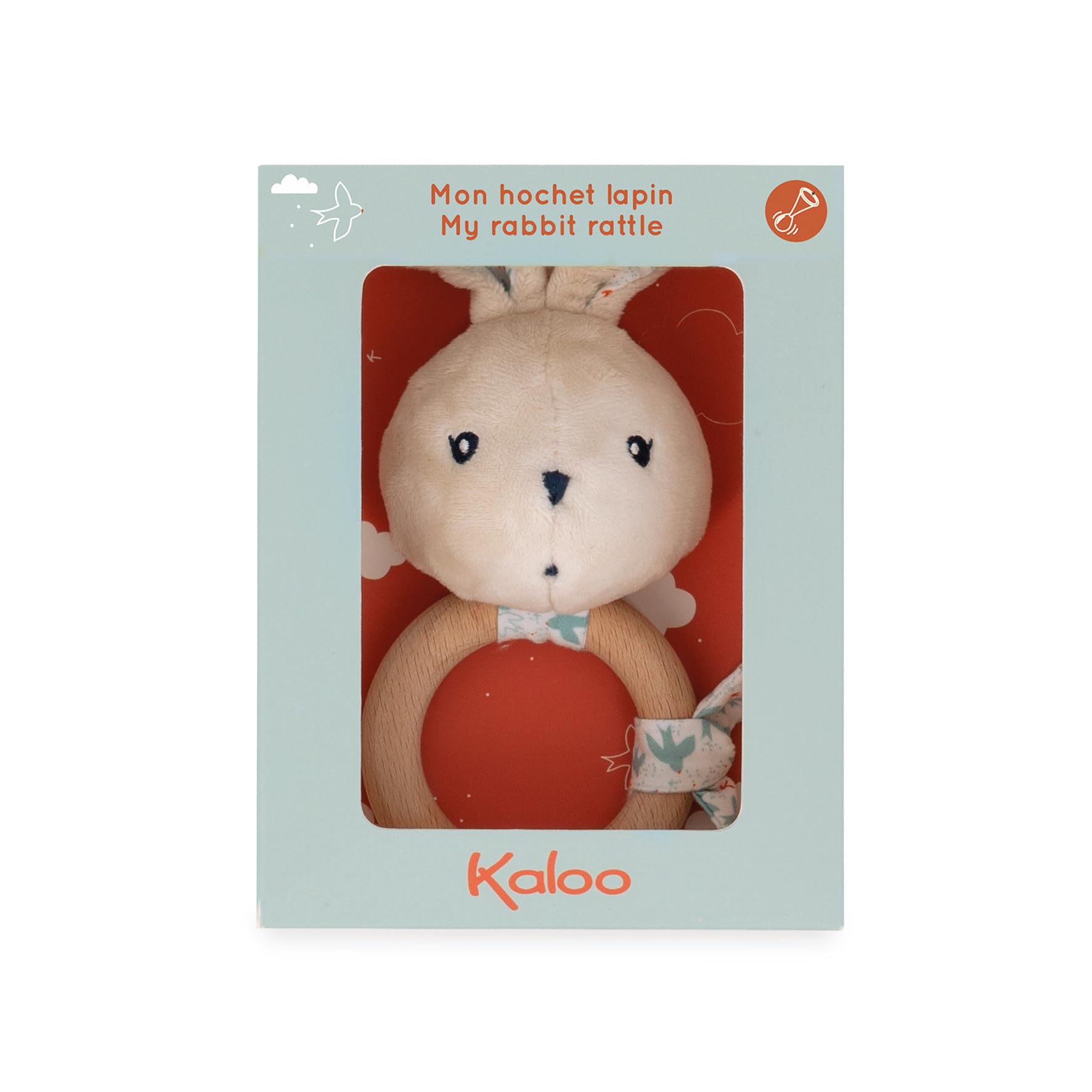 KalooK'doux - Baby Rattle - FSC Wood Ring - Rabbit Plush with Squeaker - Promotes Development - Stimulates The Senses - Dove Pattern - 0 Months +, K216001