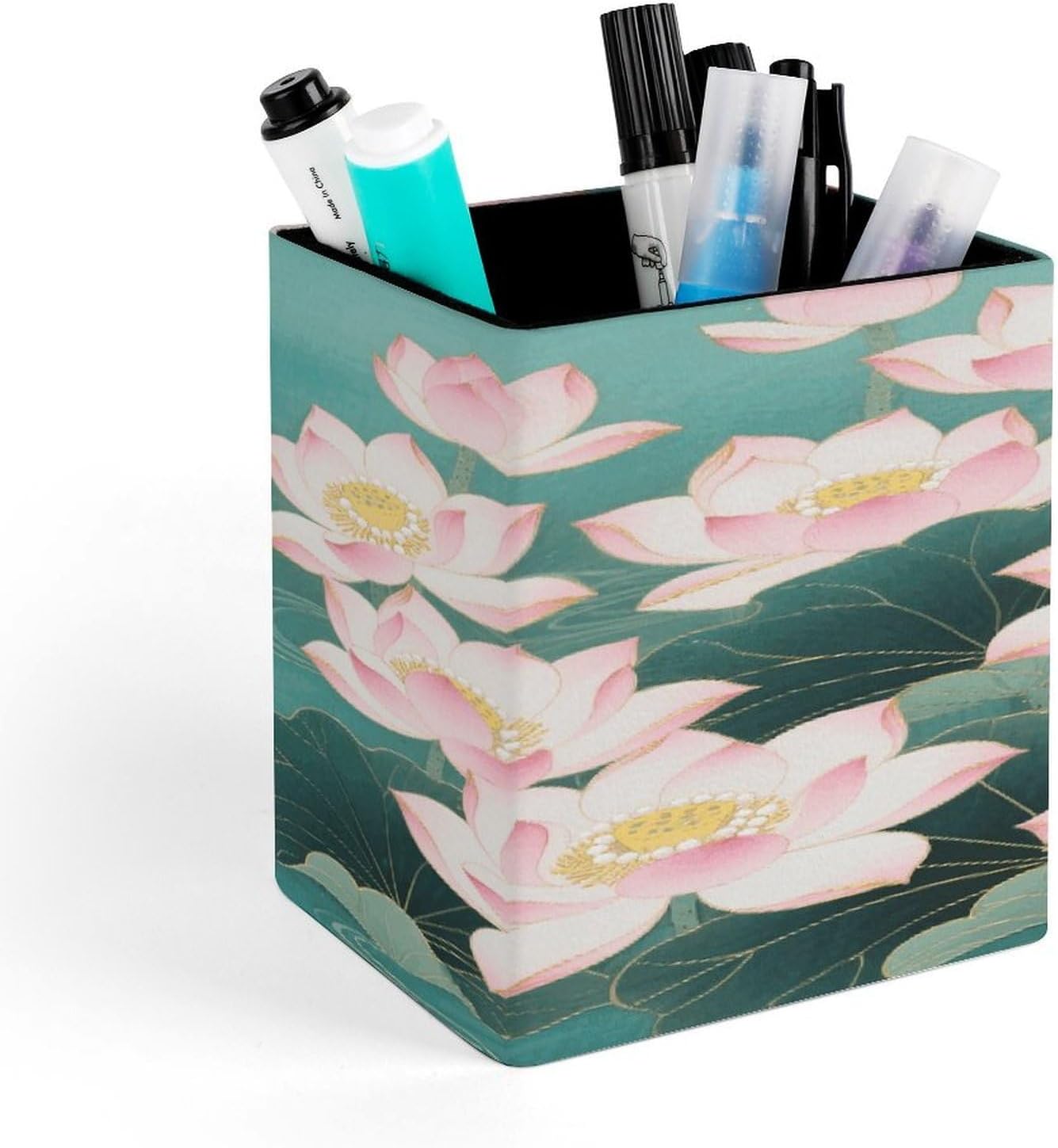 Lotus PU Leather Pen Holder Square Desktop Organizer Waterproof & Non-slip Office Supply Storage Box for Home Vanity Professional Workspace