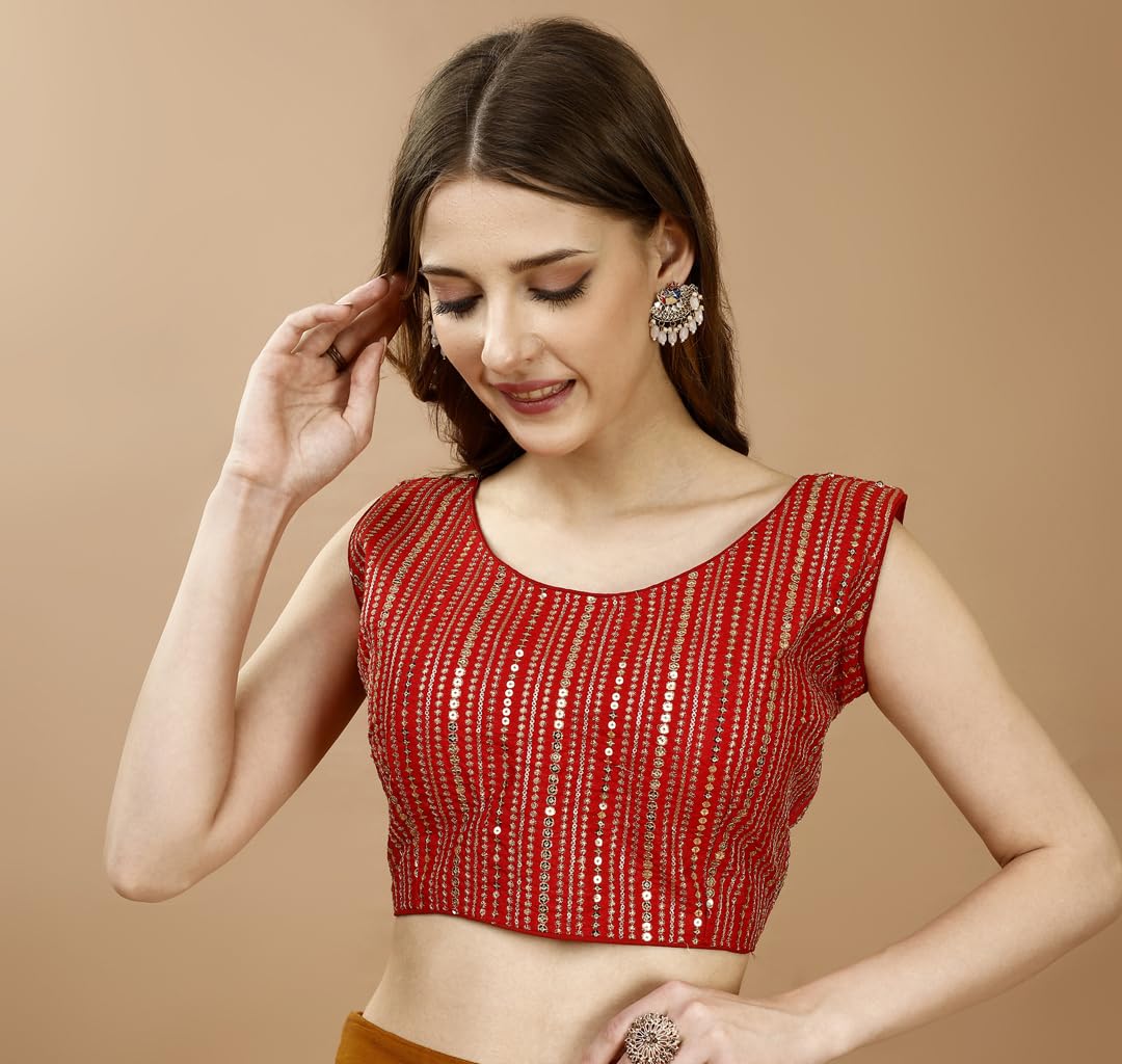 Pujia Mills Women's Sequin Embroidered U Neck Sleeveless Readymade Saree Blouse Indian Ethnic Designer Stitched Women's Red Blouse For Women