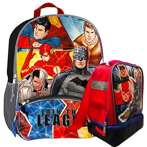 Justice League Backpack with Lunch Box -- Deluxe Backpack with Insulated Lunch Kit