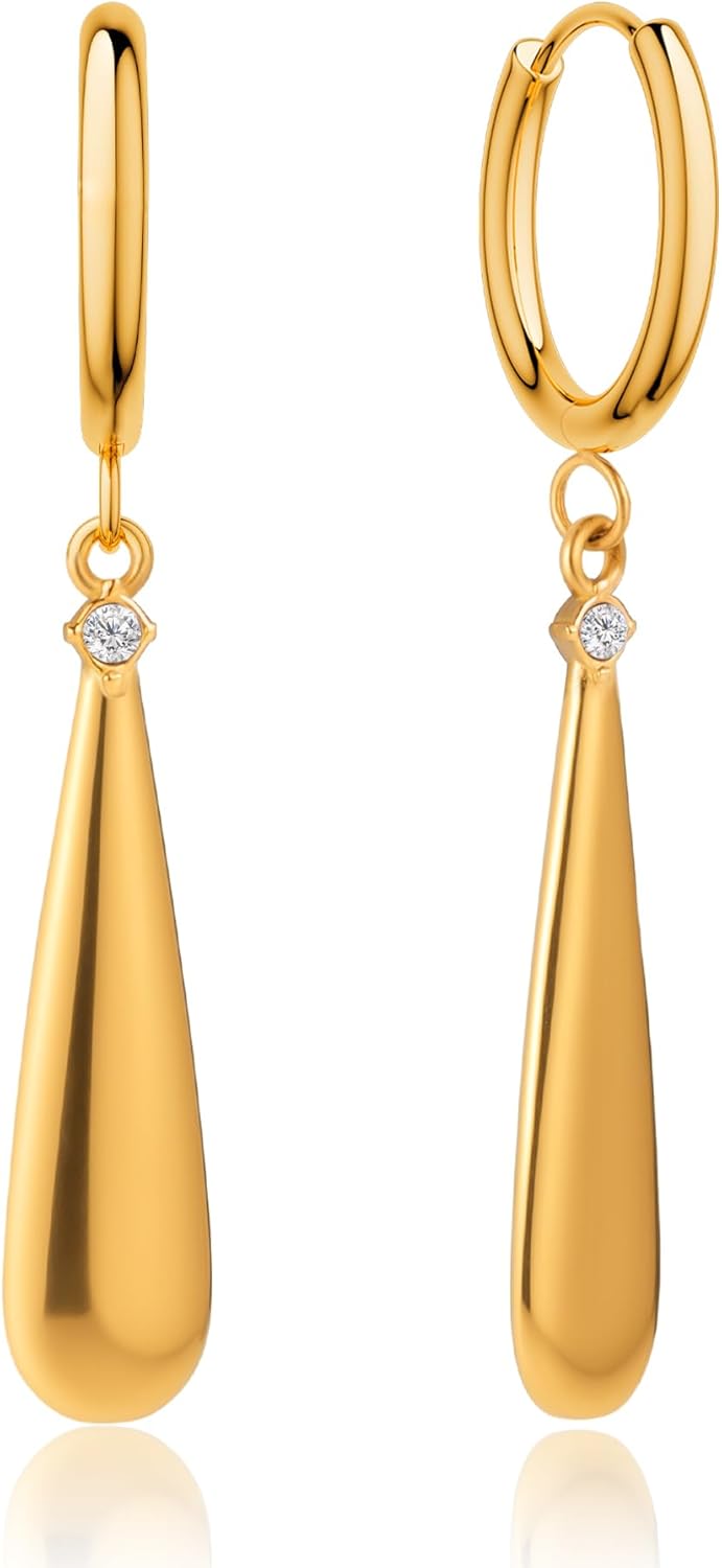 Long Teardrop Dangle Earrings for Women,18K Gold Plated Stainless Steel Drop Dangle Earrings with Cubic Zirconia,Hypoallergenic Leverback Earrings for Daily Wear,Party,Birthday Jewelry Gifts