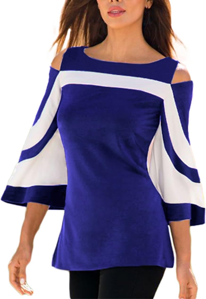 Surfywin Women's Colorblock Bell Sleeve Cold Shoulder Top Fashion Blouses Blue White LC250605-top-Blue-M