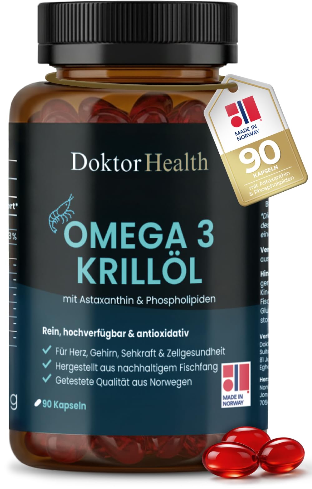 Antarktisches Krillöl 2000mg - Premium Omega-3 mit EPA, DHA & natürlichem Astaxanthin - 90 Kapseln im Braunglas - Marine Phospholipide - Kein Fischgeruch - Herz, Gehirn & Sehkraft