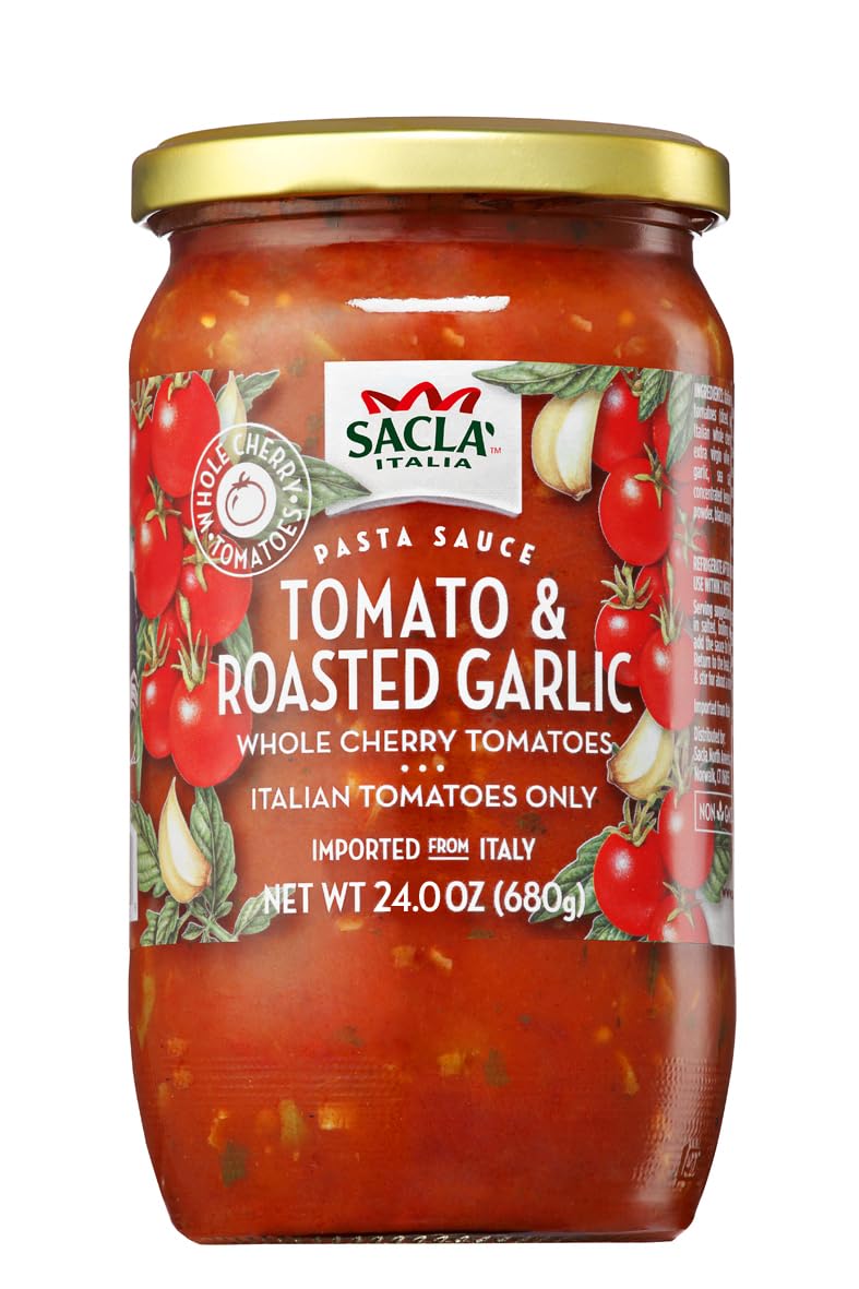 SACLA Cherry Tomato & Roasted Garlic Pasta Sauce with No Added Sugar | 100% Italian Grown Tomatoes with Slow Roasted Garlic | 24 oz Glass Jar | Imported from Italy | Non-GMO Authentic Italian Sauce