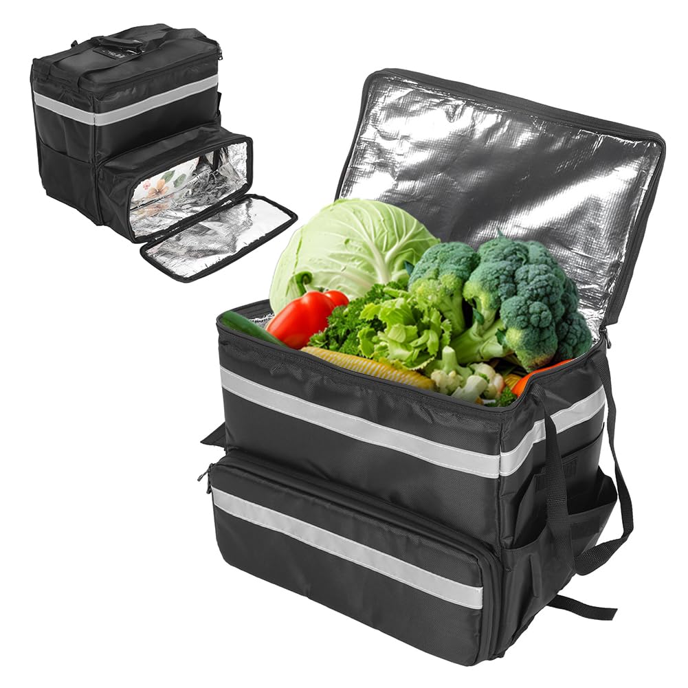 Food Delivery Rucksack, isoliert erweiterbarer Lebensmittelbeutel für Lieferungen mit reflektierenden Streifen für Lieferung Fahrrad Camping Beach Schwarz