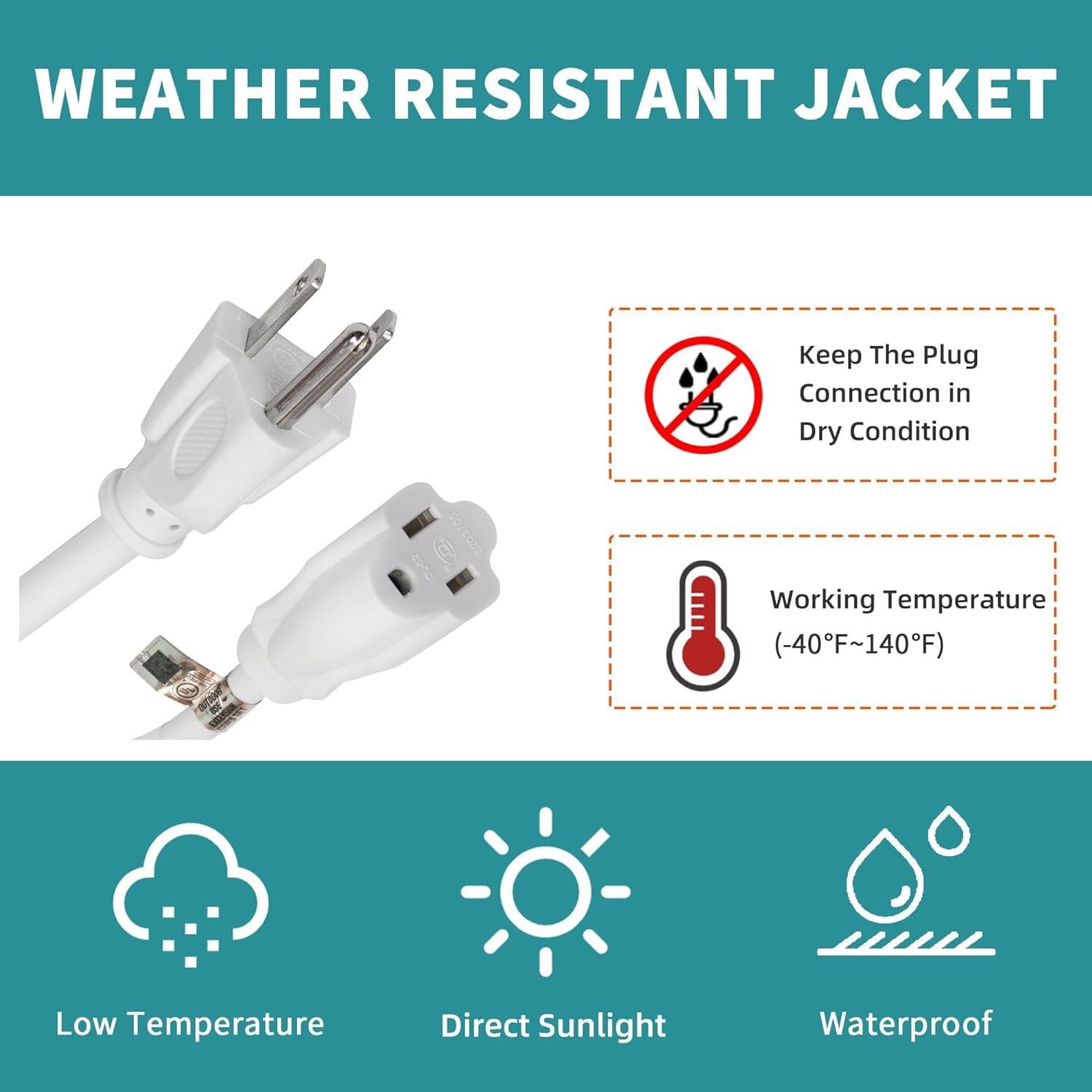 Cable de extensión para interiores y exteriores, resistente a la intemperie, con certificación UL, calibre 16 de 12 pies, cable de extensión de 3 clavijas, cable de extensión de
