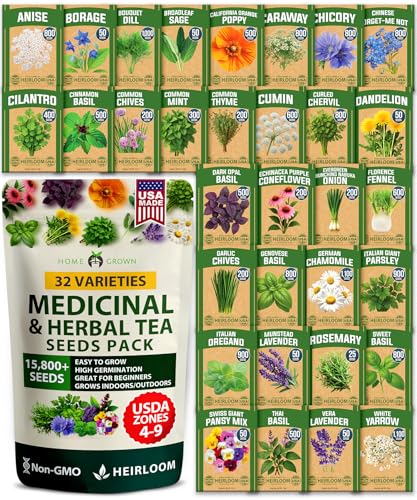 HOME GROWN Herb Seeds 32 Medicinal Herbs and Tea Variety Pack Annual & Perennial Herb Seeds for Planting Indoors & Outdoor Non-GMO Heirloom Seeds Easy to Grow High Germination Garden Kit