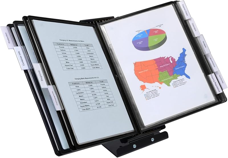 Ultimate Office SWITCHFILE 10-Pocket Reference Display Organizer Black Pkts | Compact Weighted Metal Base For Wall or Desktop Use Portrait or Landscape Display -10 EZ-Load Pockets / 20 Letter Size Sheets