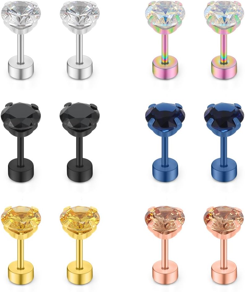 Ruifan 18G Stainless Steel Cubic Zirconia Screw Back Tragus Cartilage Helix Earring Stud Jewelry Set for Women Men 4-6mm 6Pairs