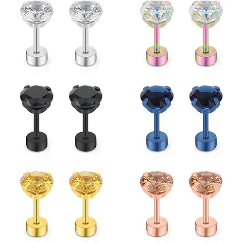 Ruifan 18G Stainless Steel Cubic Zirconia Screw Back Tragus Cartilage Helix Earring Stud Jewelry Set for Women Men 4-6mm 6Pairs