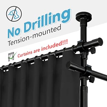 JILRON No-Drill Room Divider Curtains Set: Includes 106 W x 96 L Black Curtain 2-Panel & Adjustable Pole Brackets (72-200 W x 43-120 H Adjustable Range)