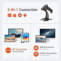 Vista 5 de Tera Escáner de código de barras inalámbrico 1D 2D QR con soporte: indicador de nivel de batería 3 en 1 funciona con Bluetooth 2.4G inalámbrico USB