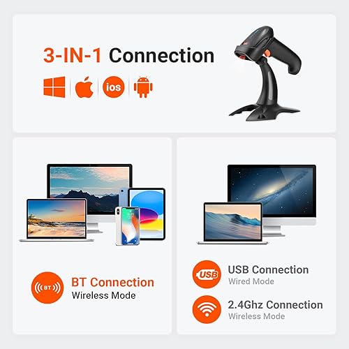 Miniatura 5 de Tera Escáner de código de barras inalámbrico 1D 2D QR con soporte indicador de nivel de batería 3 en 1 funciona con Bluetooth 2.4G inalámbrico USB