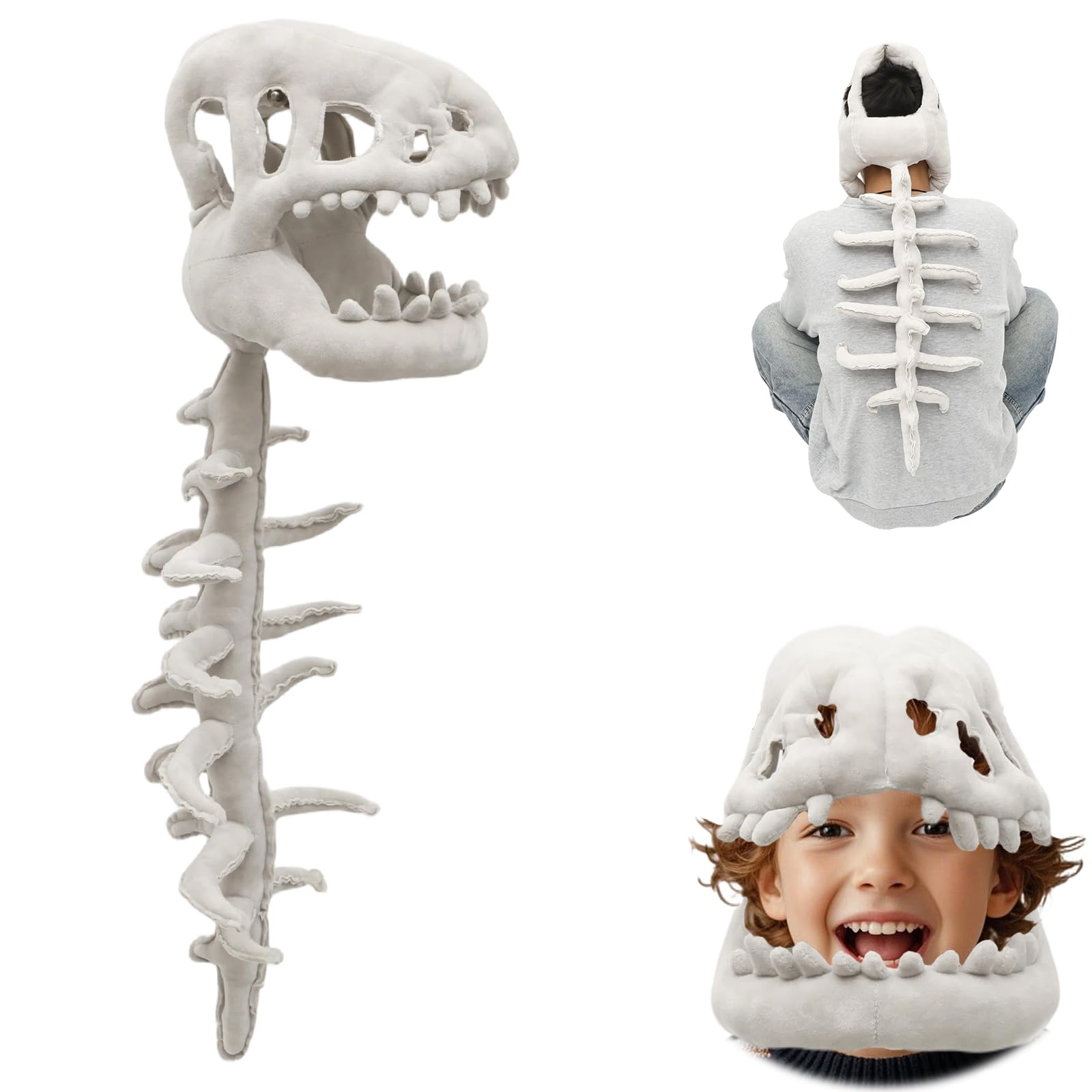 LOUJINGREO 3D Dinosaur Skeleton Costume Grey, Full Body Wearable with Spine Extension Realistic Dinosaur Plush Skeleton Costume, Adults and Kids Cospiay Halloween Role-playing, Clothing Accessories