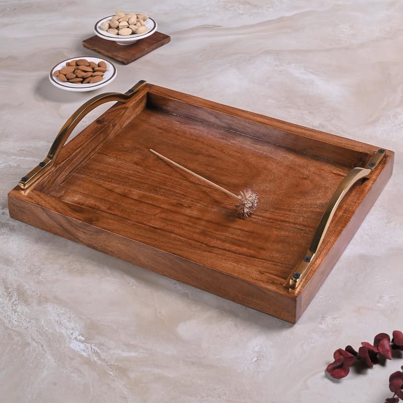 Image of Wooden Serving Tray with Stylish Handles - 15 Inch Rectangular Wooden Tray for Coffee Table, Kitchen, Breakfast & Home Decor | Multipurpose Organizer & Gift (Brass Finished Metal Handle)