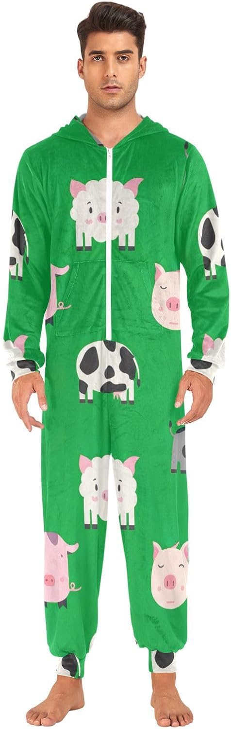 GAIREG Cute Farm Animals Green Mens Womens Onesie, Plush Adult Womens Onesie Christmas