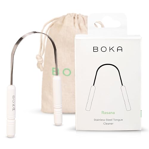 Boka Rasana Limpiador y raspador de lengua de acero inoxidable con bolsa de viaje de lino elimina la acumulación de lengua y refresca el aliento