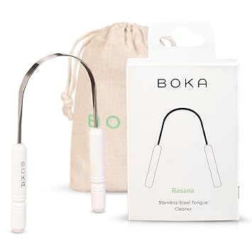 Boka Tongue Scraper for Adults & Kids with Case - Stainless Steel Tongue Cleaner w/Linen Travel Pouch - Scrubber to Remove Tongue Buildup and Freshens Breath Pack of 1