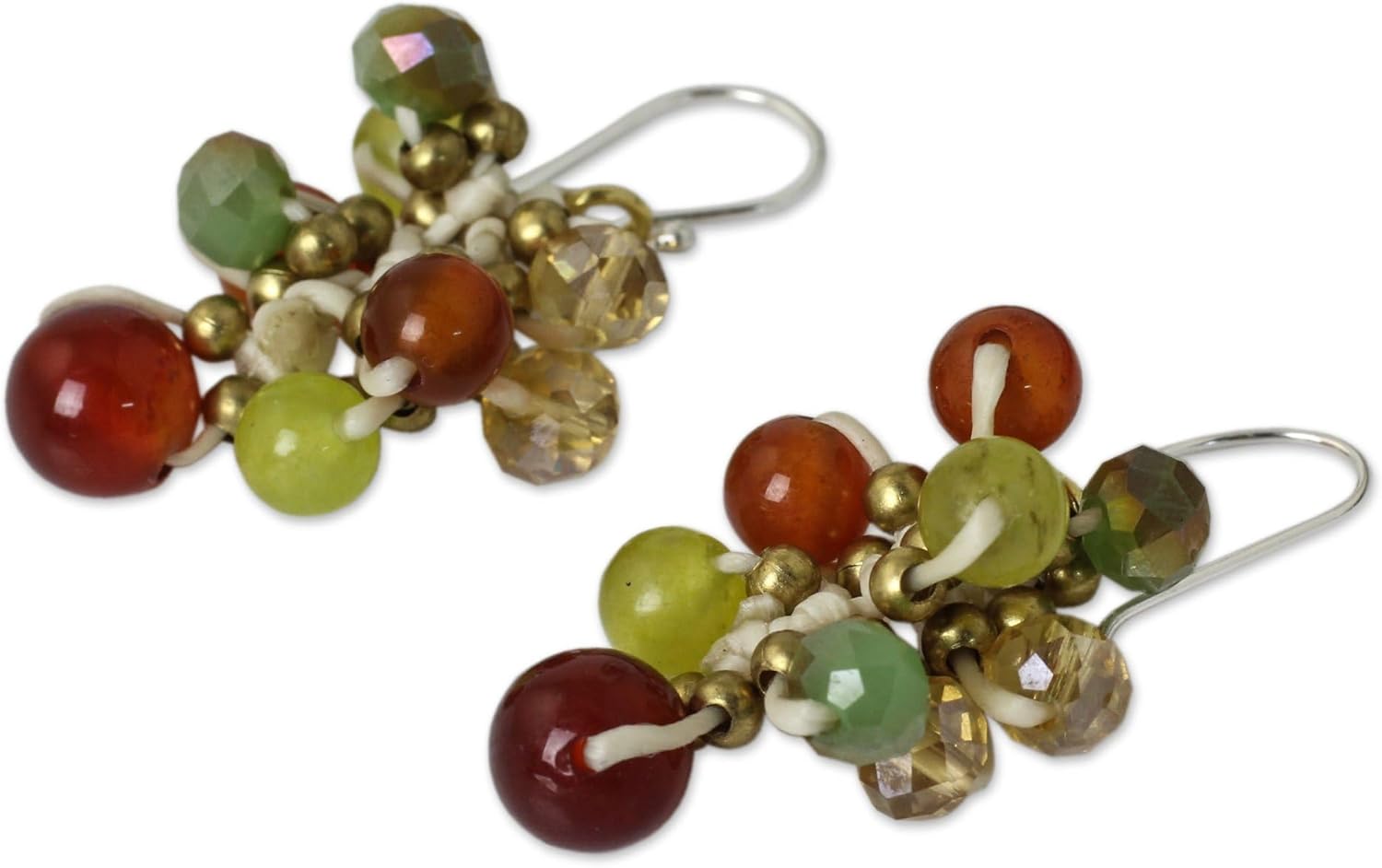 NOVICA Artisan Handknotted Carnelian Beaded Earrings Artisan Gemstone Sterling Silver Glass Brass Quartz Red Yellow Multicolor Cluster Thailand Birthstone [1.6 in L x 0.8 in W] ' Honeydew