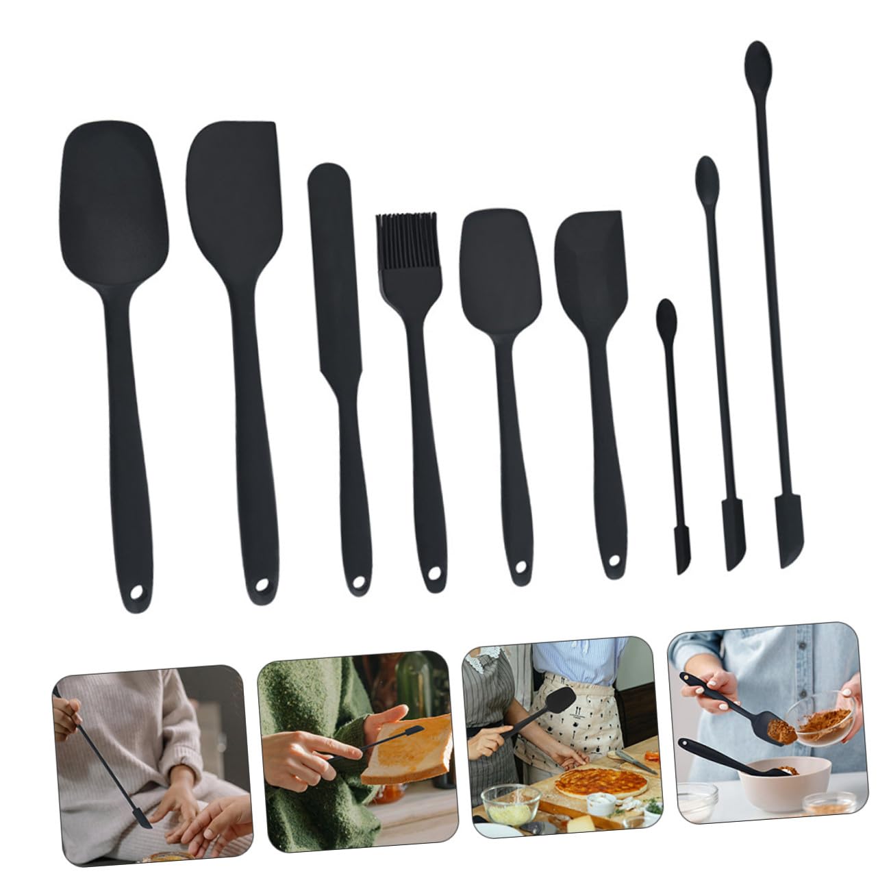 Amosfun Utensilios de Cocina de Espátulas de Silicona Negras Juego de 9 Piezas para Raspar Crema y Mermelada Fáciles de Limpiar y Resistentes para Repostería