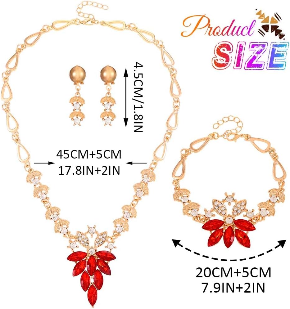 Yean Gold Red Rhinestone Jewelry Sets Bridal Statement Necklace Dangle Bracelet Earring Set Costume Jewelry for women - Image 6