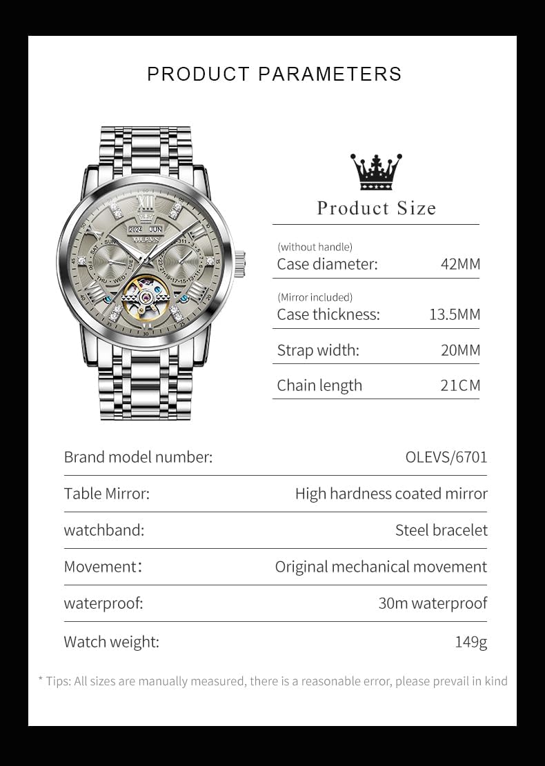 OLEVS Automatic Watches for Men Self Winding Mechanical Skeleton Luxury Dress Stainless Steel Diamond Men Wrist Watches - Image 6