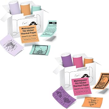 Memoqueen T02 Adhesive Thermal Paper, 1.96" x 11.450mmx3.5m/Roll, 6 Rolls Color Paper, Green/Lavender Purple/Light Orange/Purple/Rose-Red/Orange Sticker Paper Compatible with T02 M02X M02L Q02 Y02C