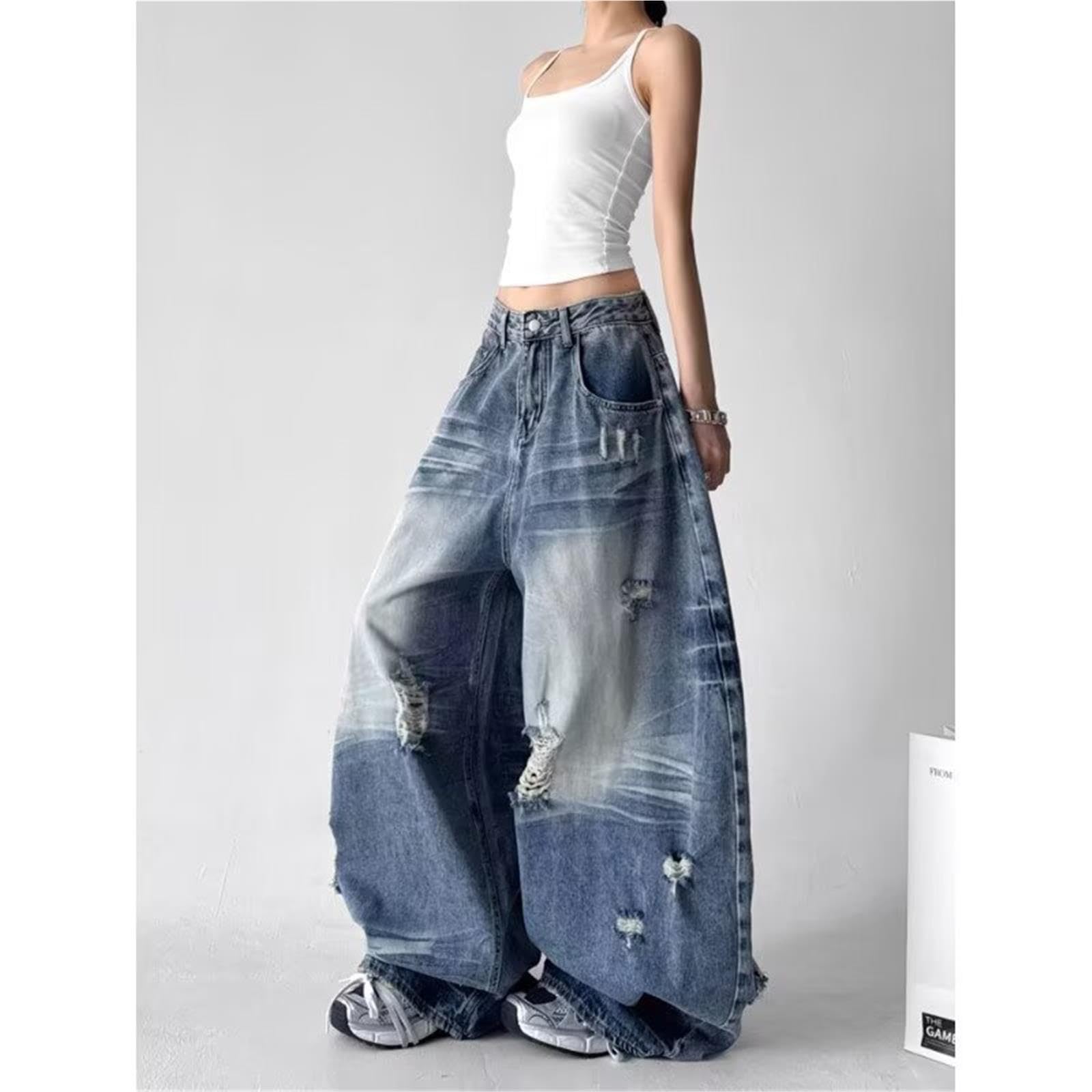 Pantaloni Denim Vintage Americano Strappati Gamba Larga Dritto Baggy Donna
