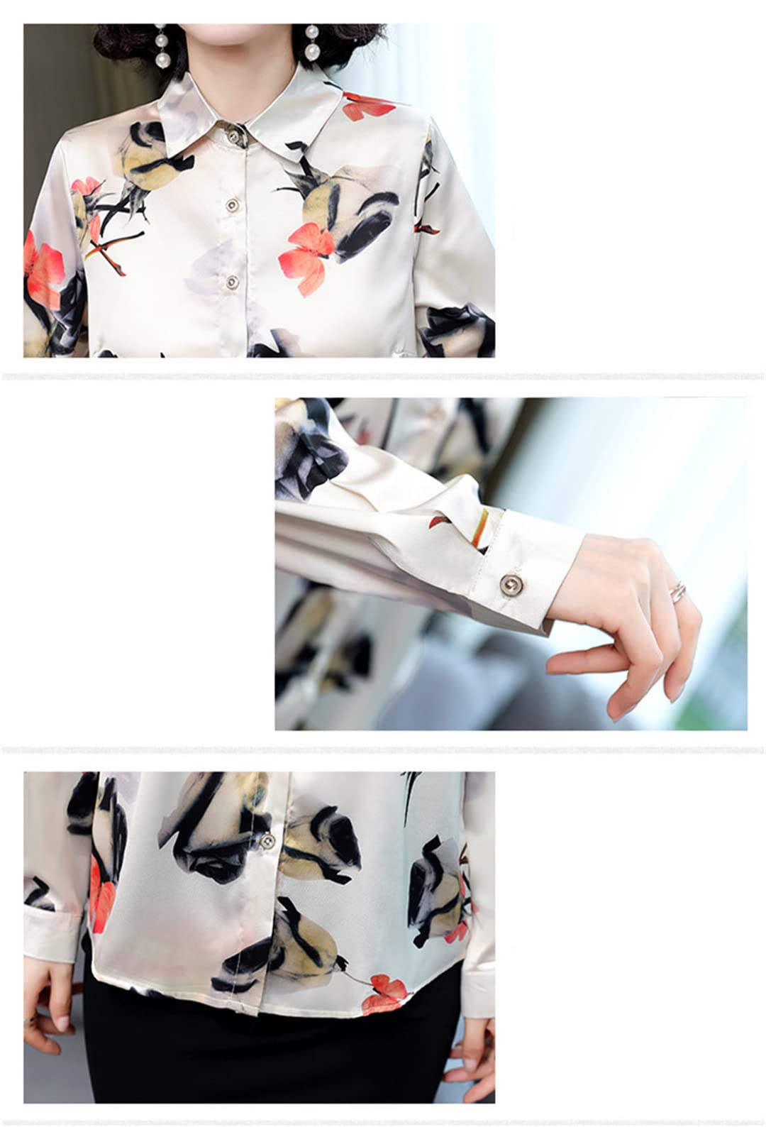 Camisas de Seda para Mujer Blusas Camisa de Manga Larga con Estampado de Leopardo Tops Blusa de Trabajo Floral de satén para Mujer pic-10 S