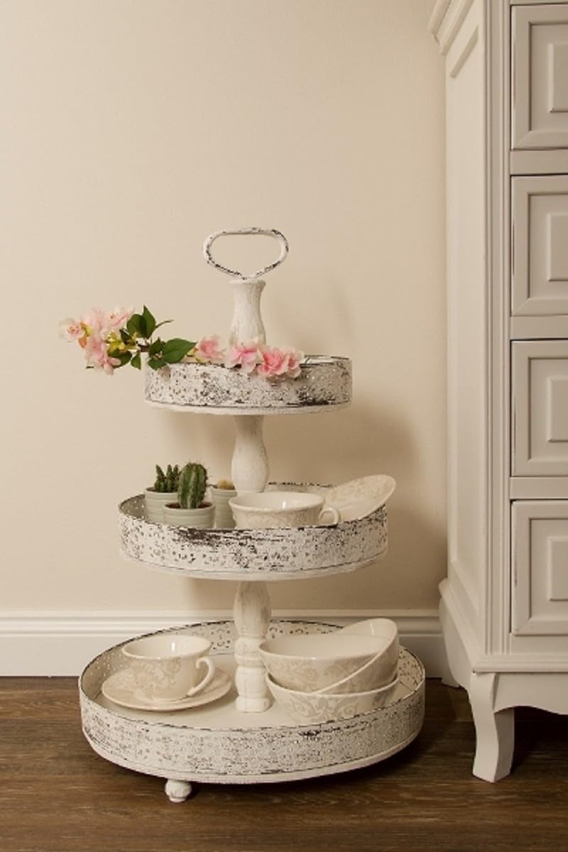 Casa Padrino Etagere Stile Country 3 stadi Shabby Chic Bianco Antico Ø 40 x H. 66 cm - Accessori Gastronomia