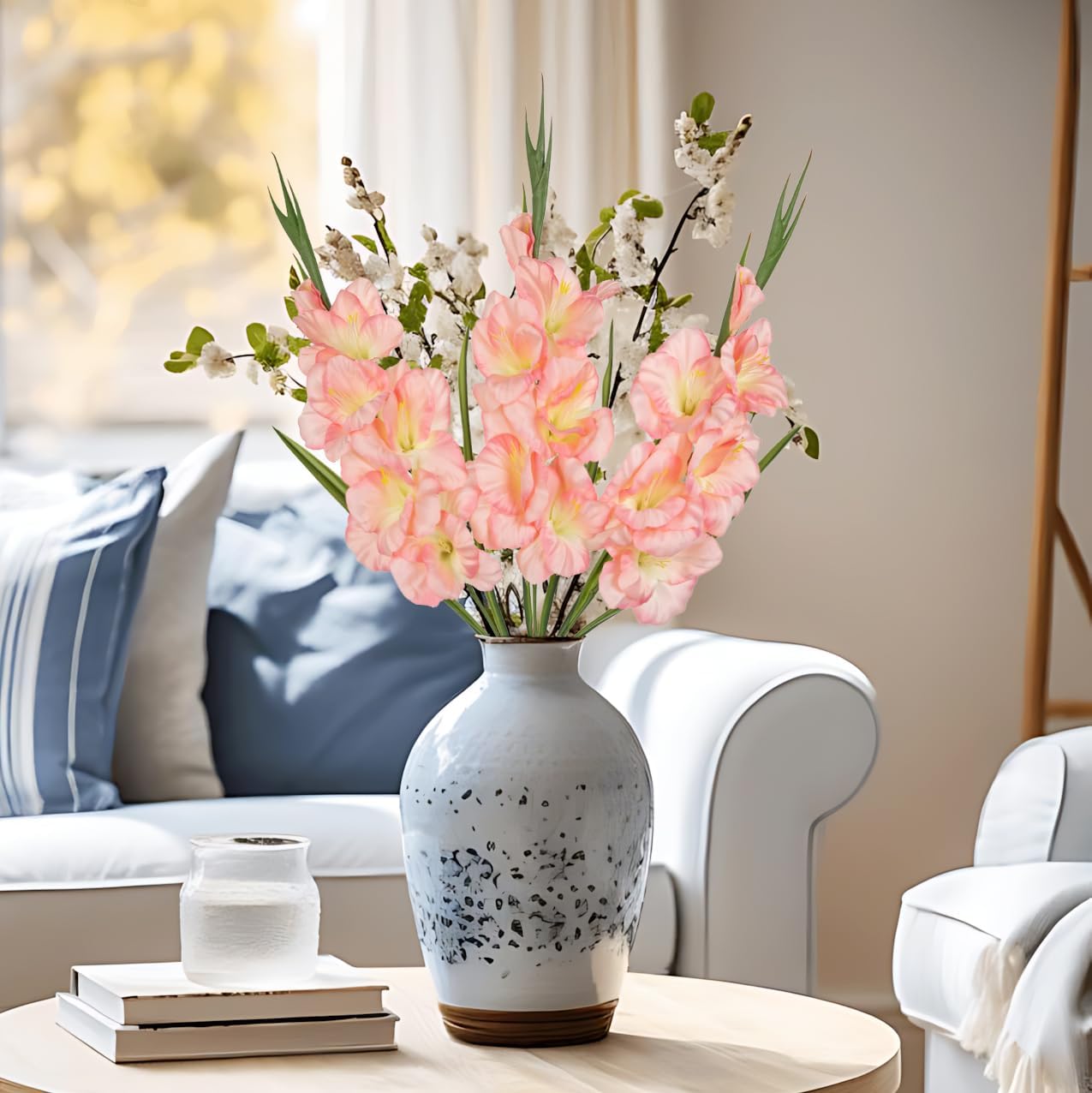 Peachy Pink Gladiolus Artificial Flowers 3 Pcs Silk Flowers with Stems Fake Flower for Vase Spring Summer Indoor Decoration Faux Florals Stems Fillers for Table Centerpieces, Wedding, Home Decor