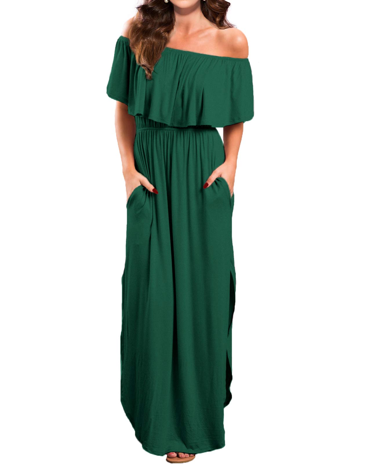 Women's Off Shoulder Summer Casual Long Ruffle Beach Maxi Dress with Pockets