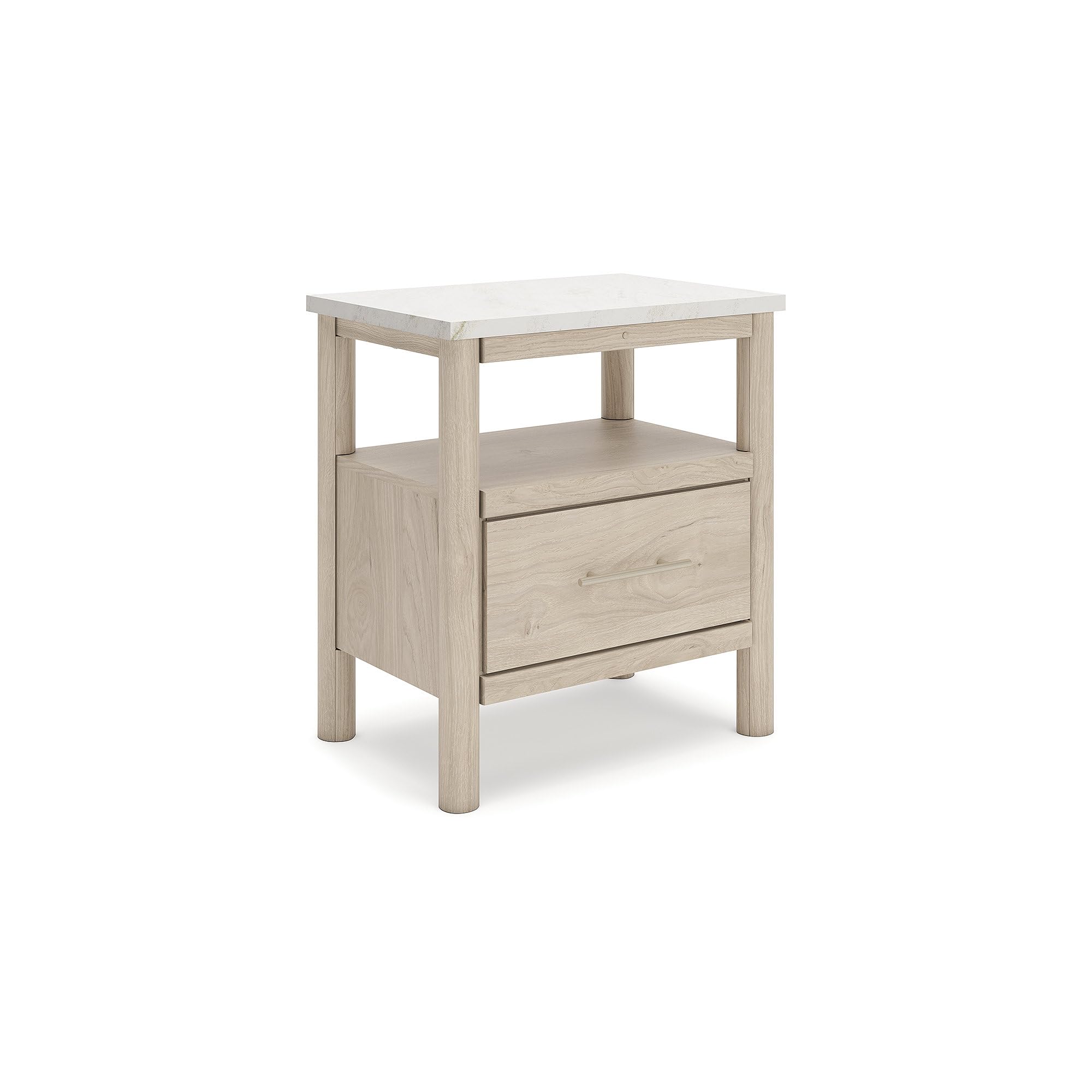 Signature Design by Ashley Cadmori Casual Faux Marble Tabletop 1 Drawer Nightstand with Open Shelf, Ambient Lights, Wireless Charging and USB-C Ports, 26.57" Tall, Light Brown & White