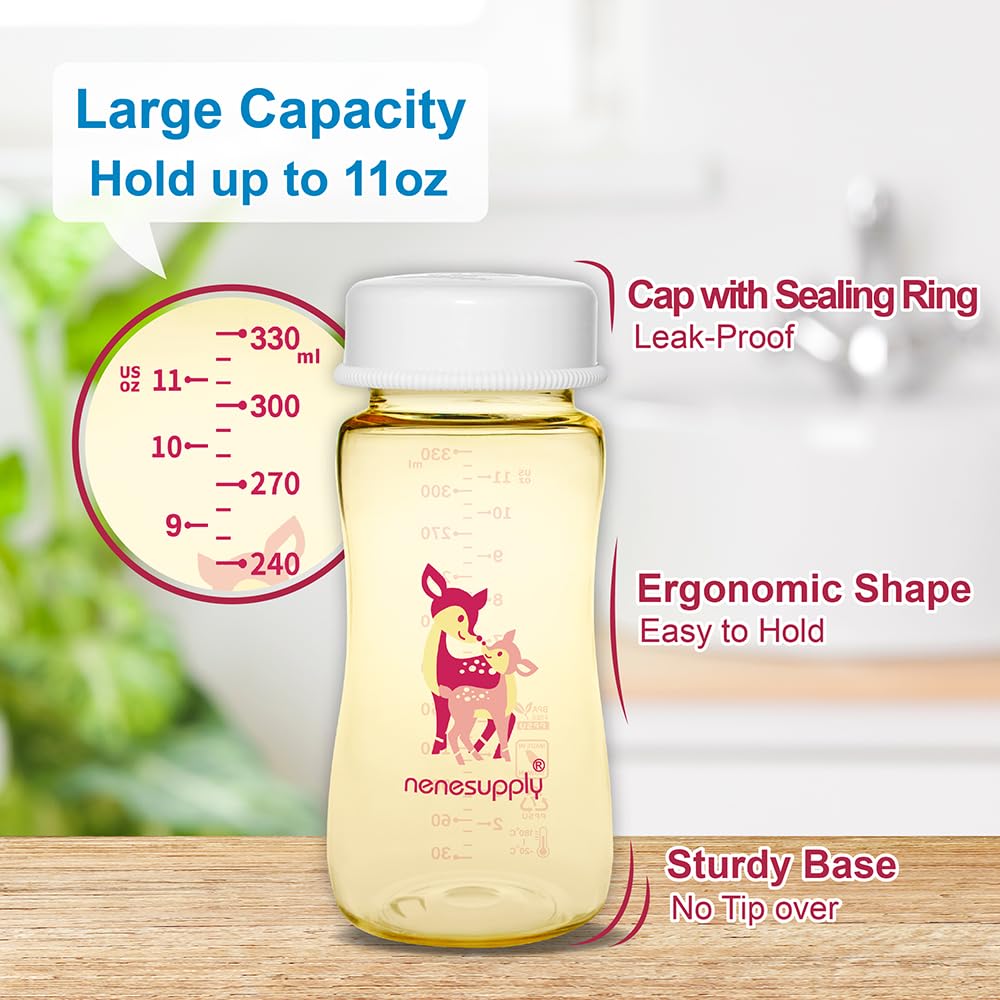 NENESUPPLY 11oz / 330ml 3 pc Wide Mouth PPSU Breastmilk Storage Bottle Breast Pump Bottles Use for Pumping with Spectra S1 S2 Breast Pumps. Replace Spectra Bottles Breastmilk Collection One-piece Cap
