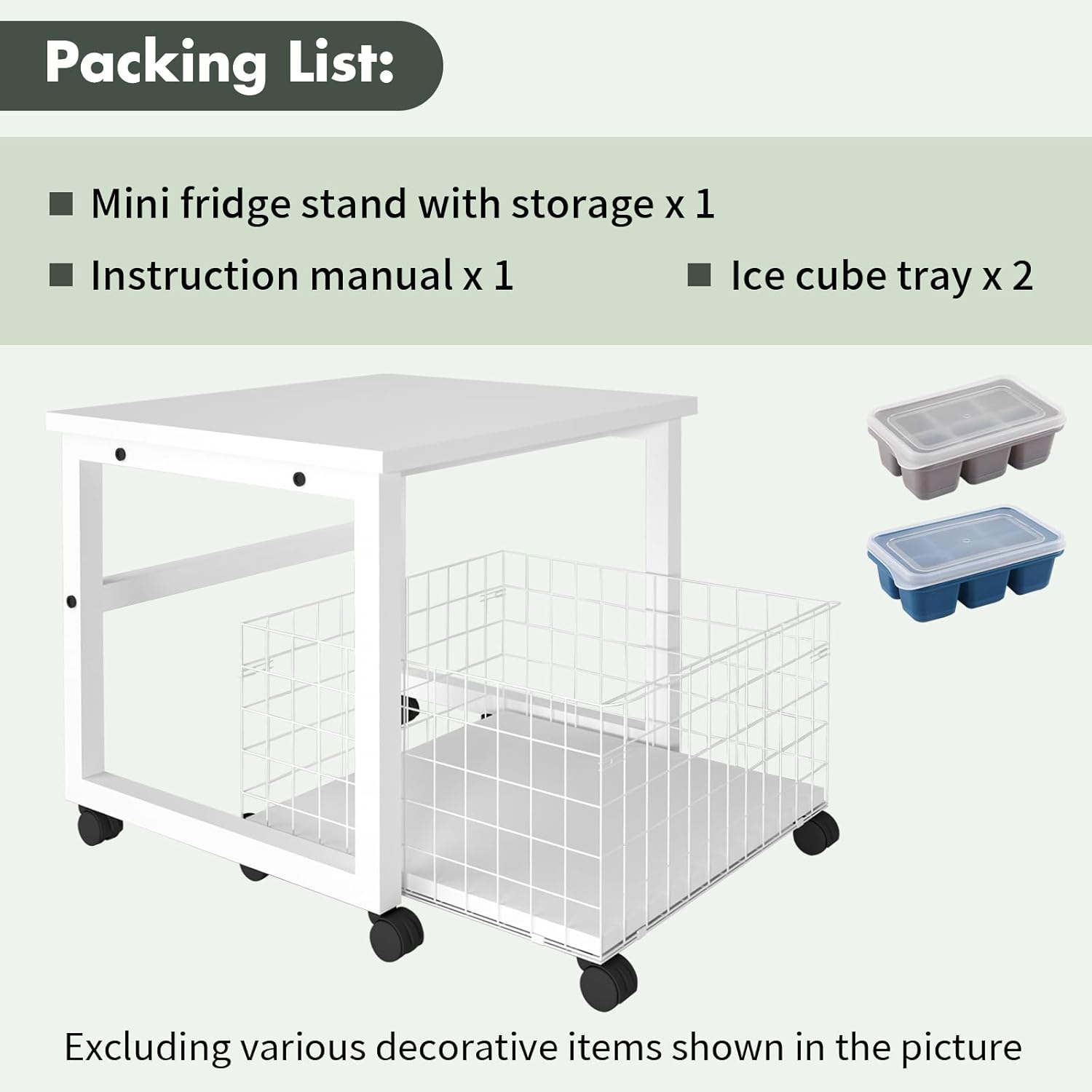 Mini Fridge Stand with Storage Basket, Mobile Refrigerator Stand, Rolling Compact Fridge Cart with Wheels, Heavy Duty Fridge Beverage Table for Home, Office, Dorm - White, Includes 2 Ice Cube Trays