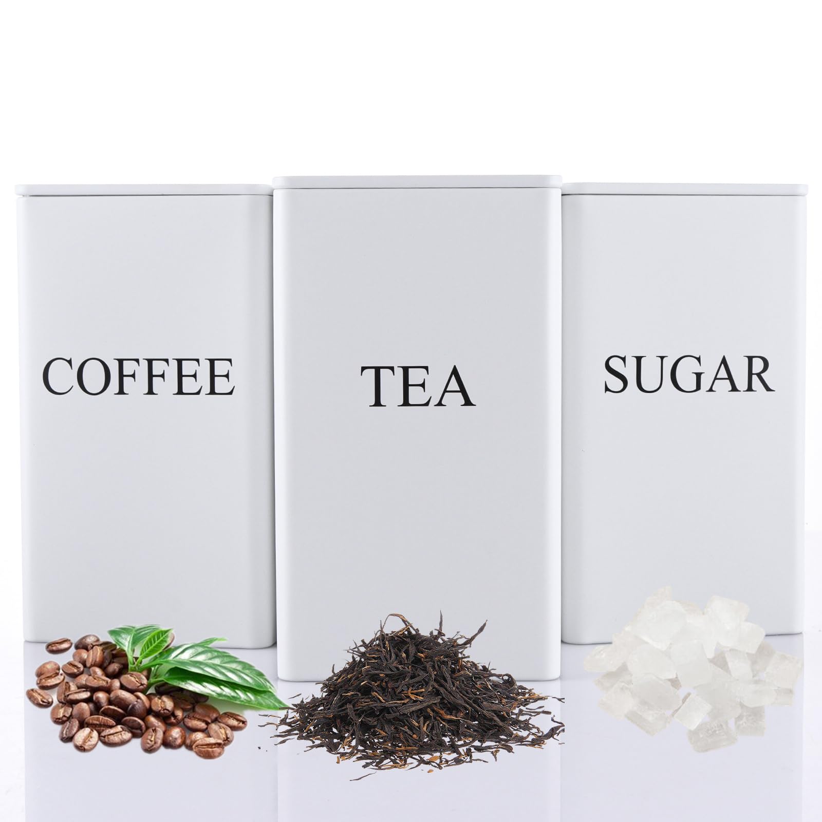 ASelected Tea Coffee Sugar Canisters 3 Piece Metal Food Storage Jars Decorative Tin Easy to Open Airtight Lids for Kitchen Accessories Essentials (White)