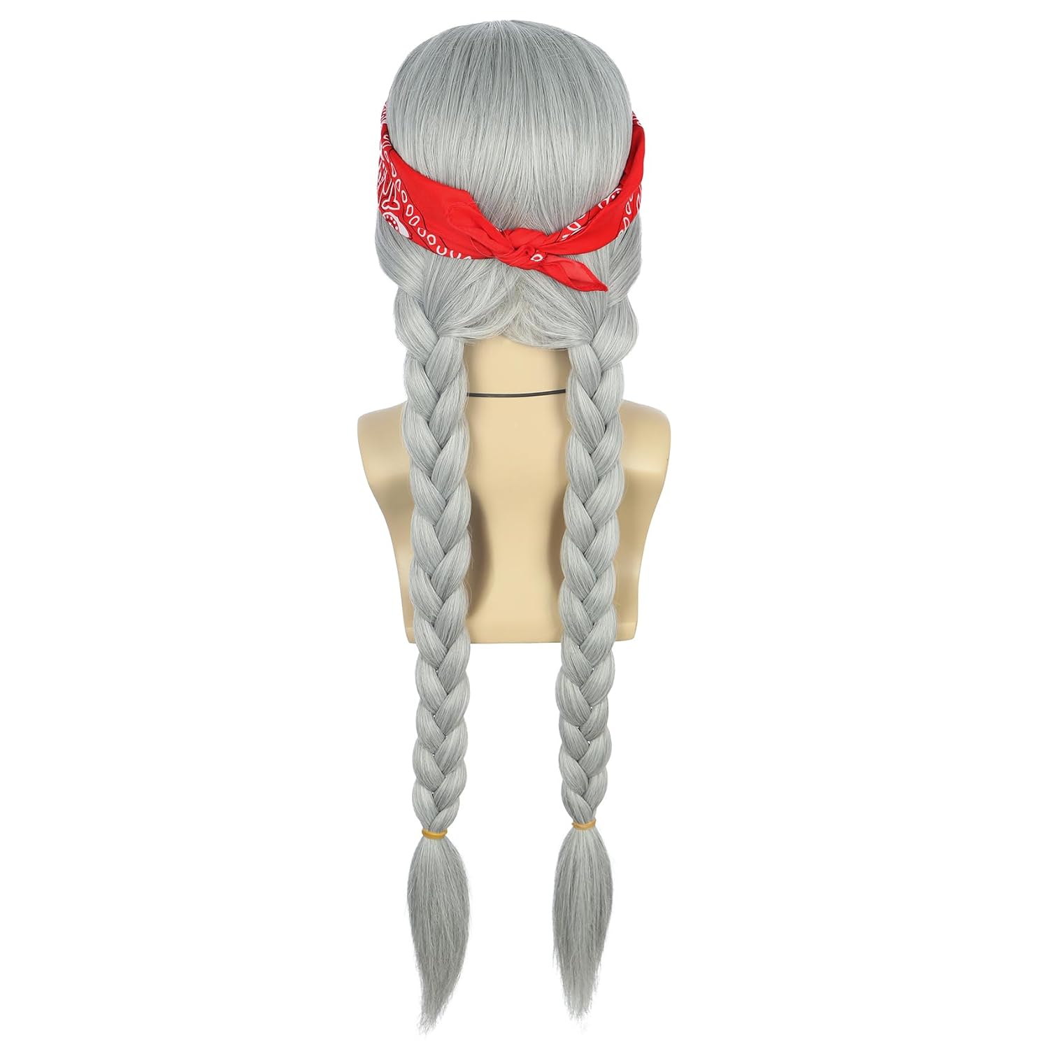 VGbeaty Men Long Silvery Grey Pigtail Braided Wig With Red Bandana 60s 70s Hippie Retro Wig Heat Resistant Synthetic Fiber Soft Durable Adjustable Size Breathable Cap for Halloween Costume Fancy Party