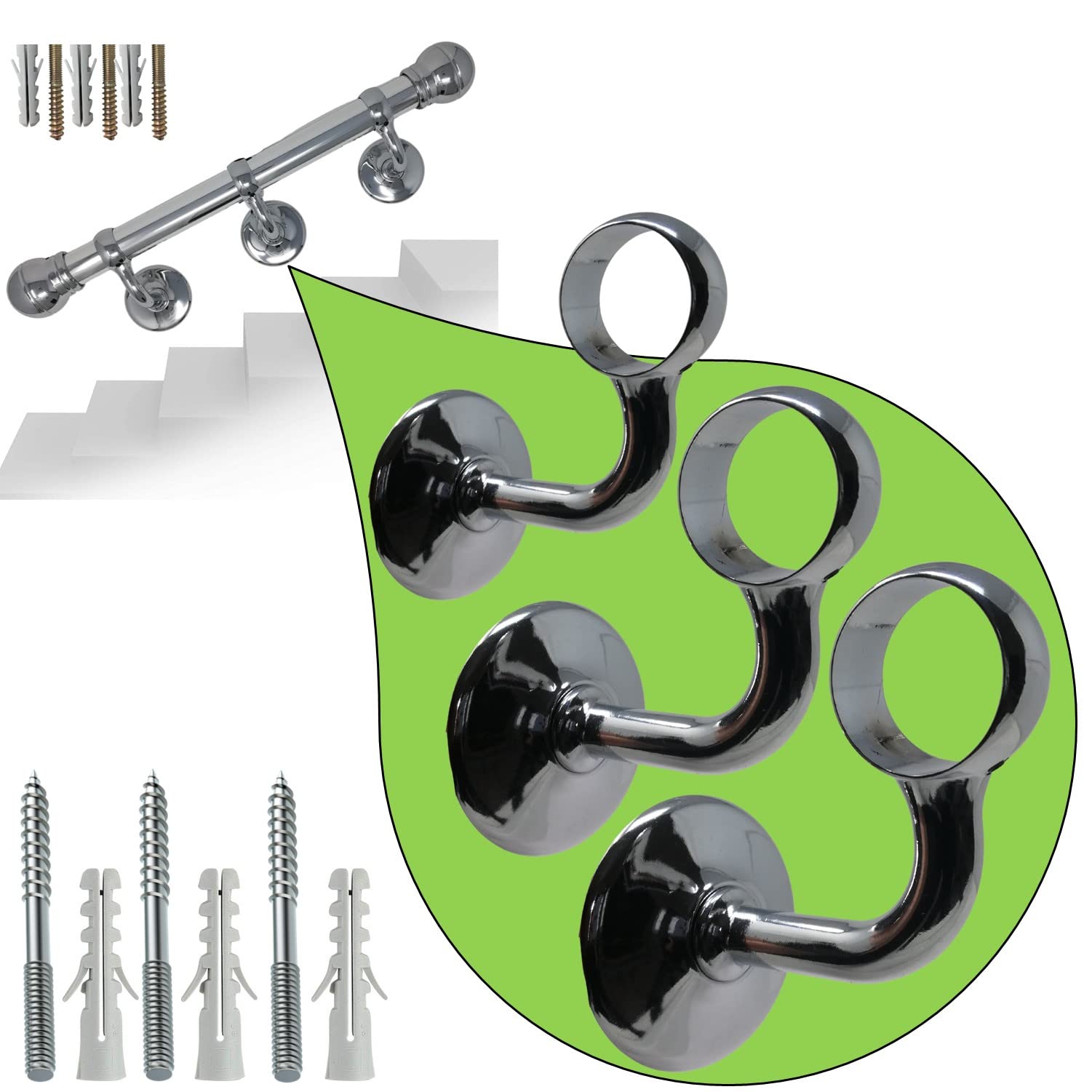 Parpyon® Supporti per corrimano a muro Staffe tubo passamano in Ferro accessori per ringhiere, Reggi Tubi con tasselli e viti prodotto italiano (Supporti 525, Cromo-525)