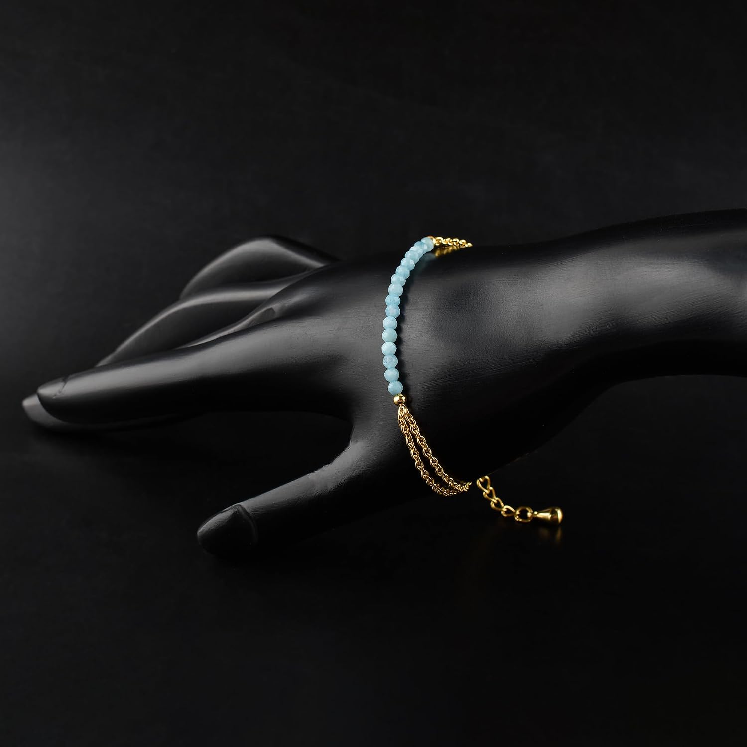 InfinityGemsArt Bracelets for Women Natural Birthstone Micro Beaded Stone Double Chain Drop Crystals Gemstones Bracelet Jewelry, 14K Gold Plated Adjustable Chain