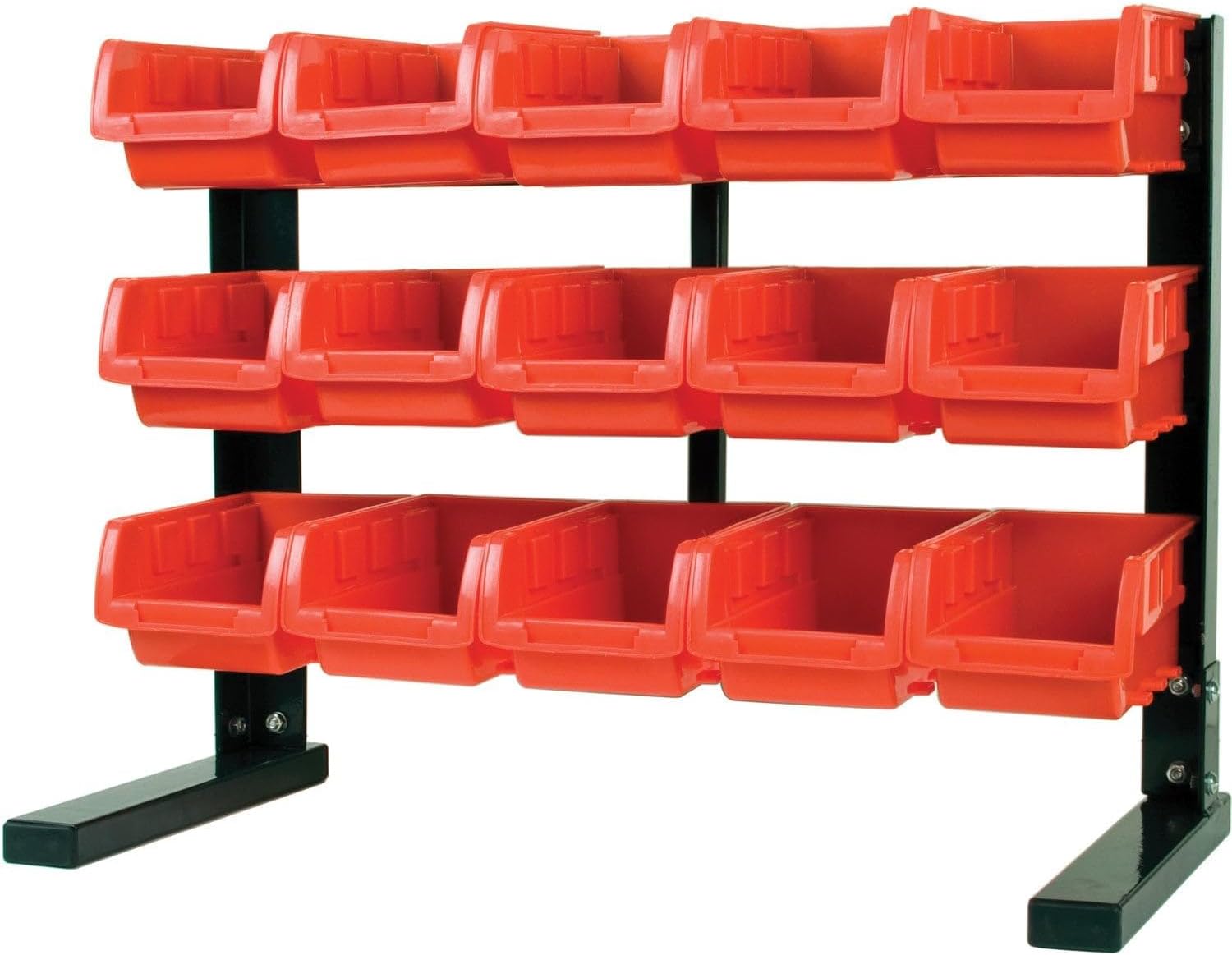 JEGS Tabletop Storage Rack | Black Powdercoated Steel Frame | Includes 15 Red Plastic Storage Bins and Mounting Hardware