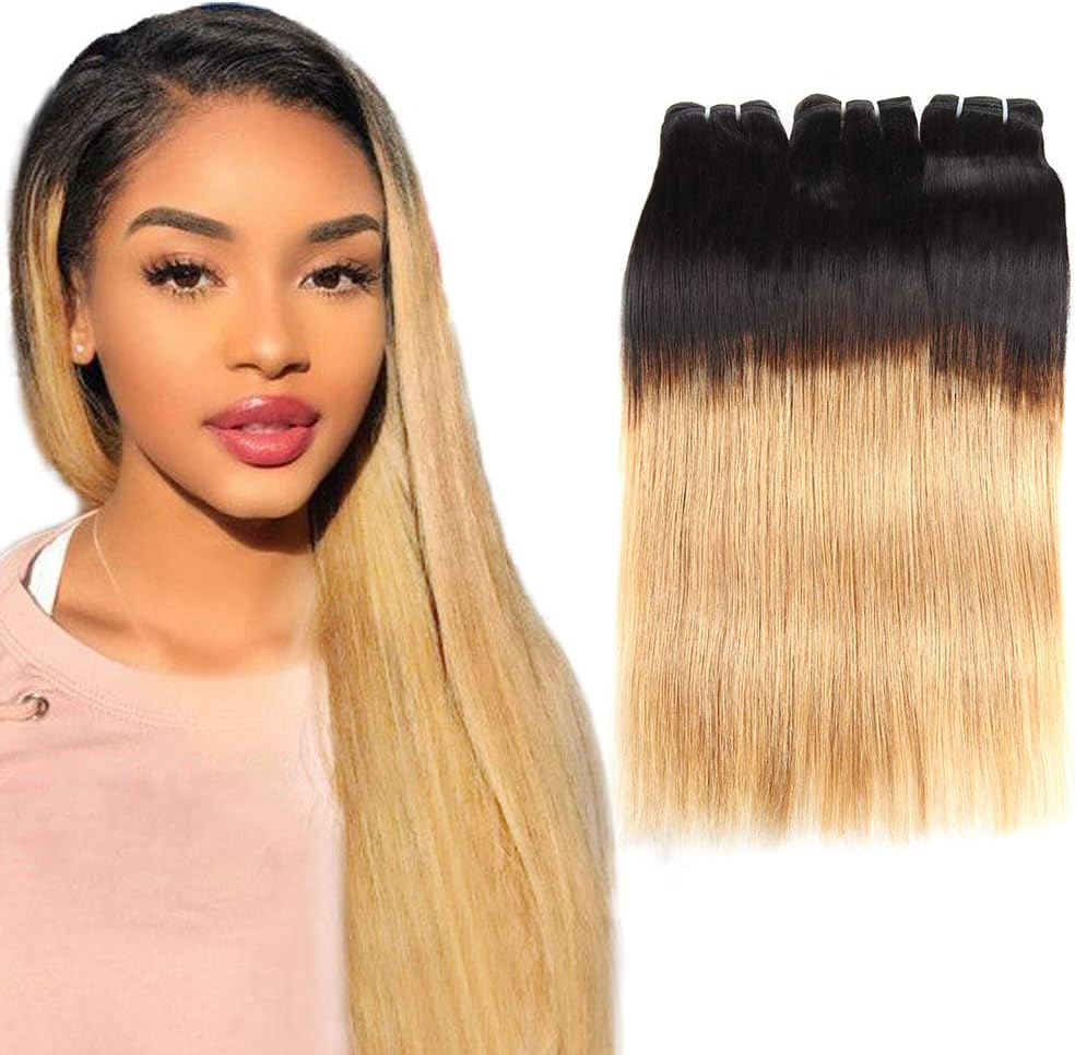 Huarisi 1b/27 Human Hair Bundles Straight 300g Brazilian Hair Extensions 2 Tone Ombre Virgin Hair with Black Roots Blonde Weaves Double Weft 10 12 14 Inches