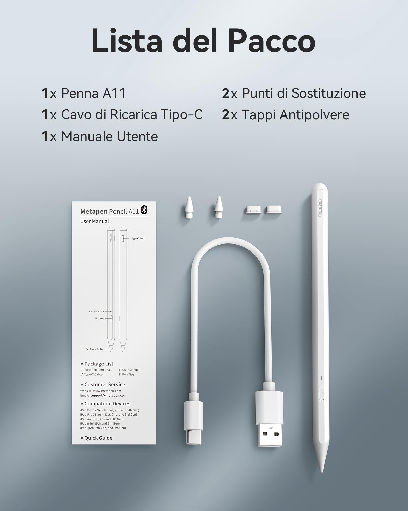 Metapen Penna A11 per iPad 2018-2026,Stylus di Apple Pencil Compatibile con iPad 11 A16/10/9,Air 3-5/M2/M3/M4,Pro 12.9/11/13''M4,Mini 5/6,2X Ricarica Rapida&0,1 mm Precisione Pixel,Rifiuto del Palmo