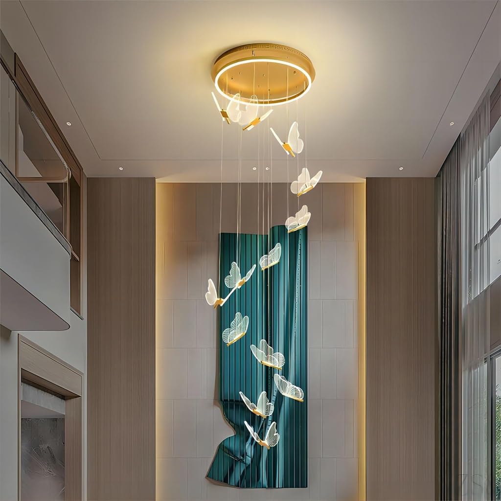 SYAXVOM Modern Chandelier - Large Height Adjustable Acrylic Butterfly Pendant Light for Staircase Living Room Villa Bedroom Dimmable High Ceiling Lighting Fixture