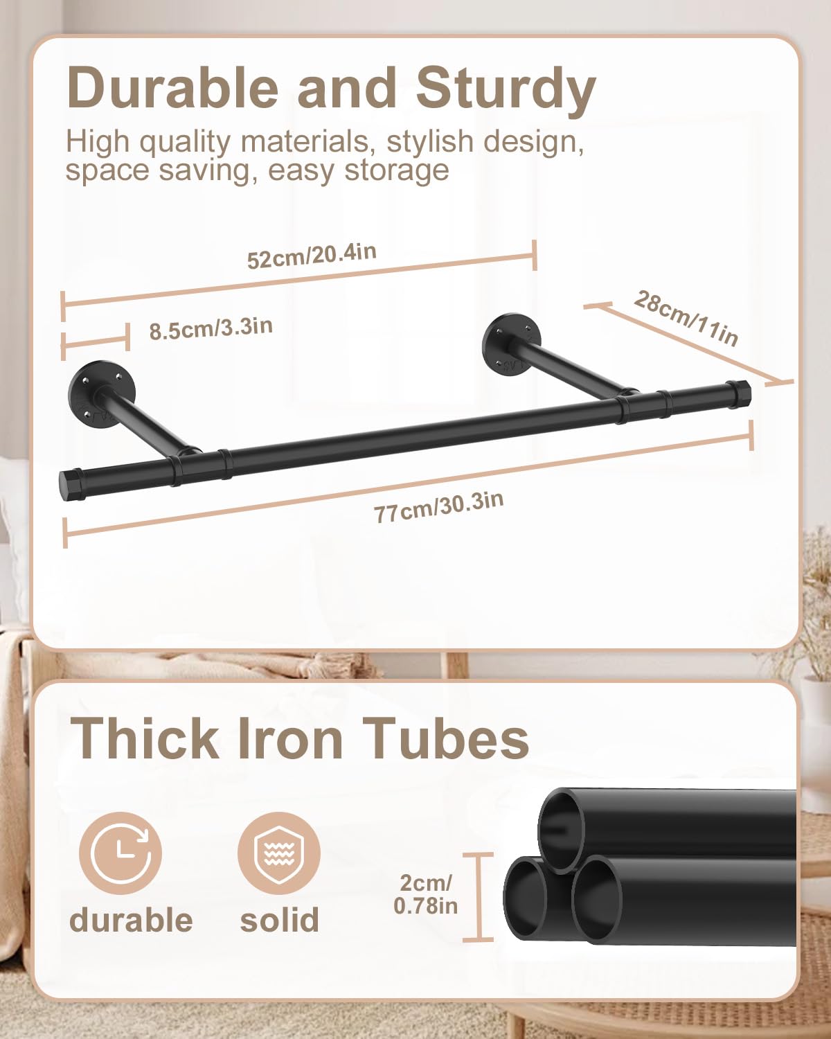GUOHNHE Industrial Pipe Clothes Rail, Metal Garment Rack Wall Mounted, Heavy Duty Retro Wardrobe Pole, Clothing Hanger - Image 4