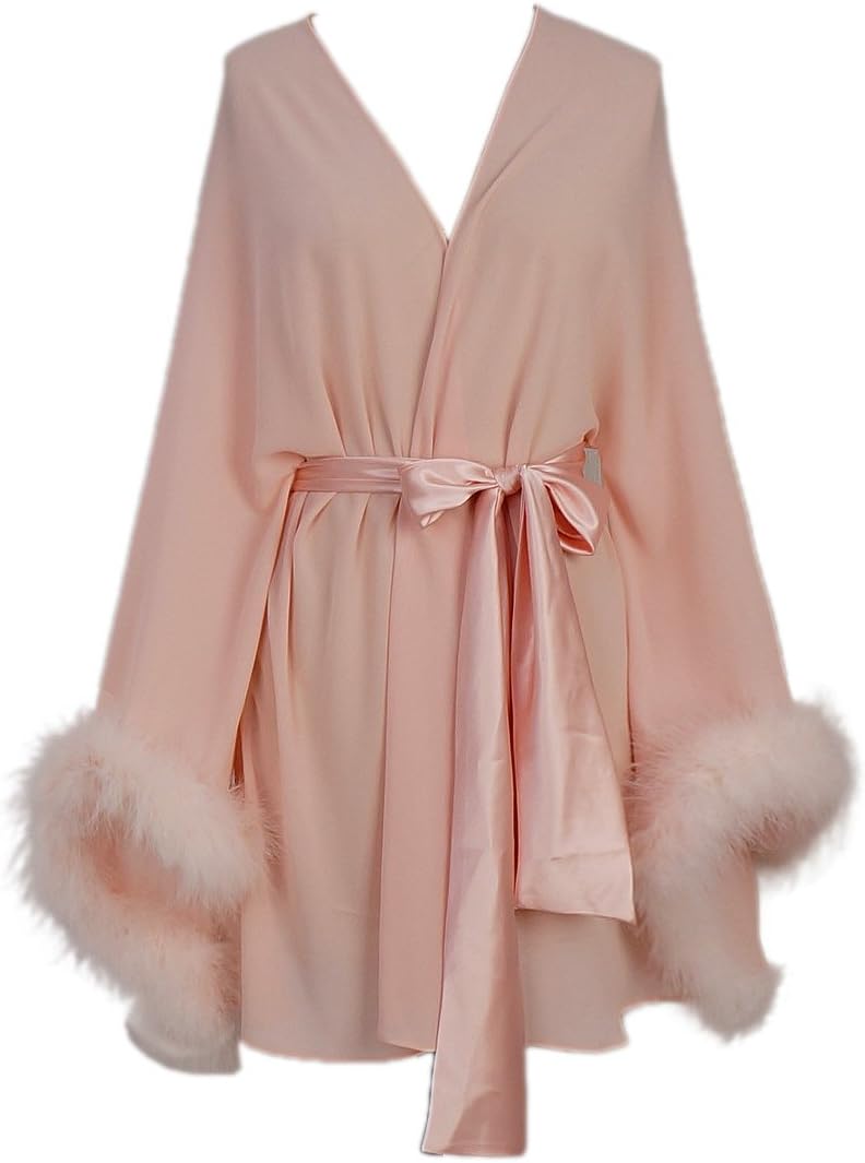 Feather Chiffon Sleeve Short Bridal Robe with Sash Short Sexy Night Gown Pajamas