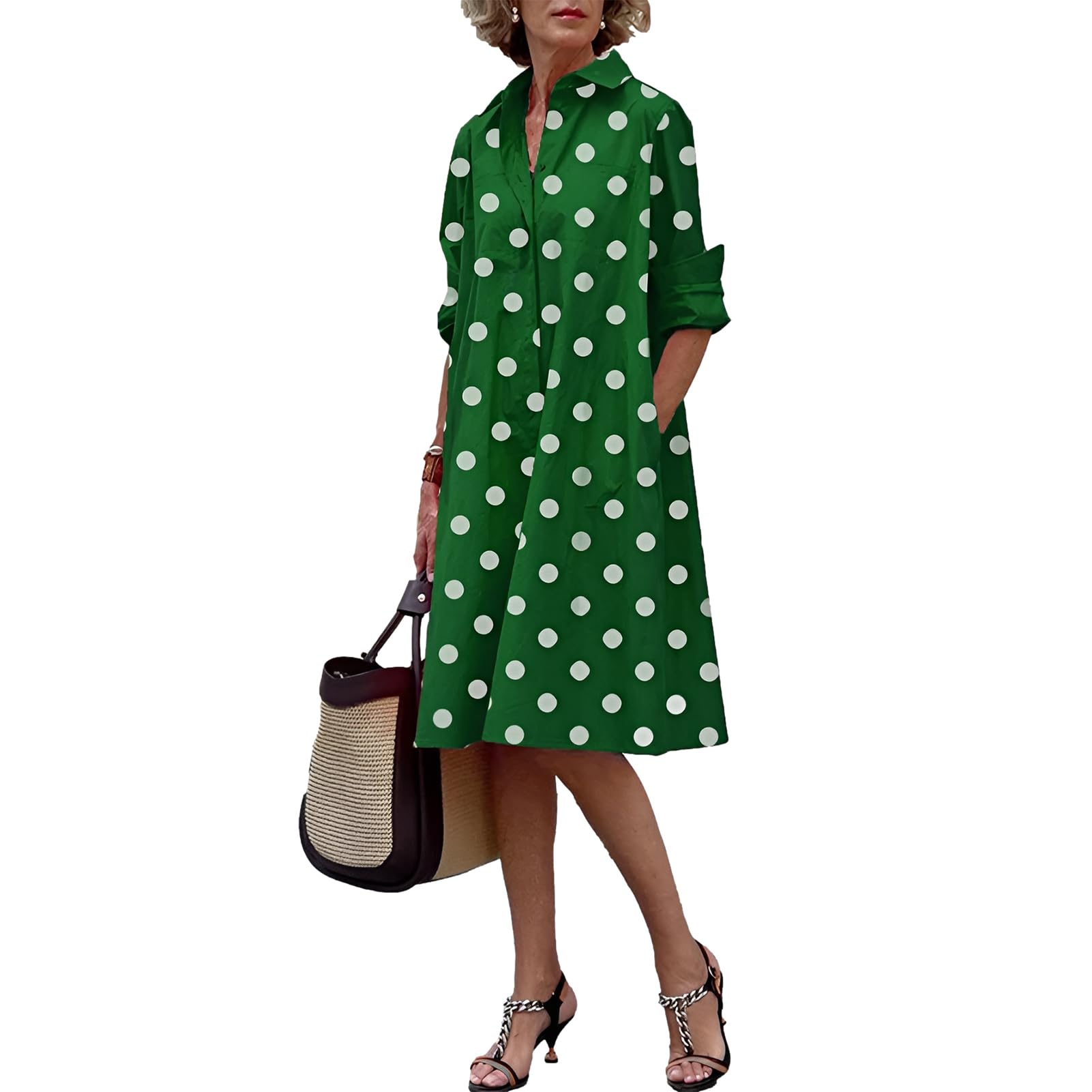 amropi Vestido Mujer Lunares Cuello en V Manga Larga Casual Verano Midi Vestidos con Botones